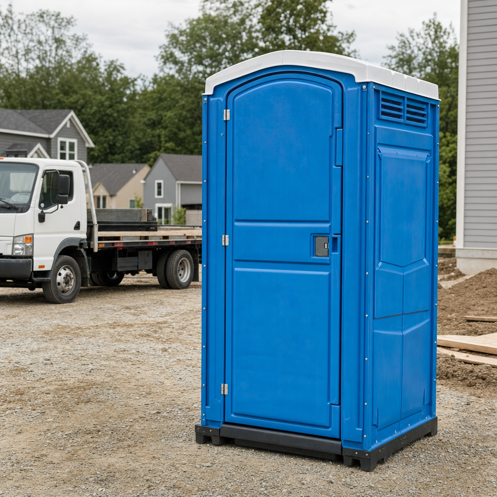 Delivery driver positioning a clean royal-blue portable toilet on level ground at a Littleton worksite