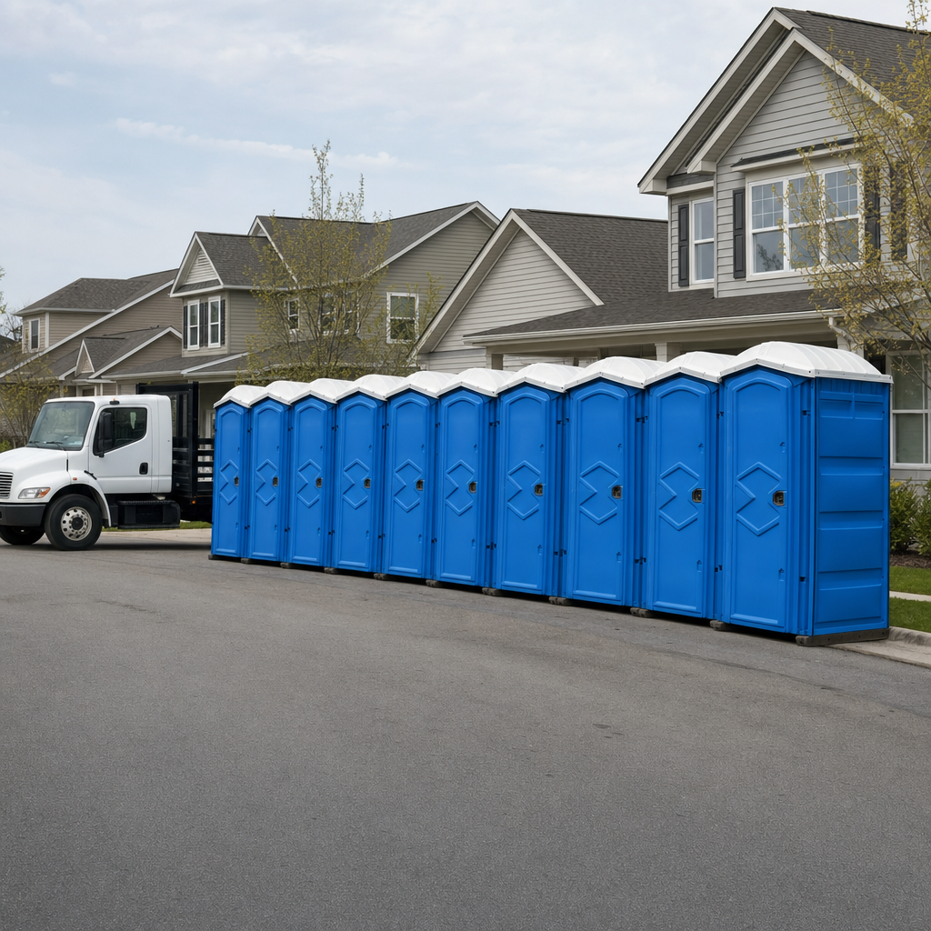 Royal blue portable toilets staged in a tidy row at a Littleton jobsite, ready for delivery